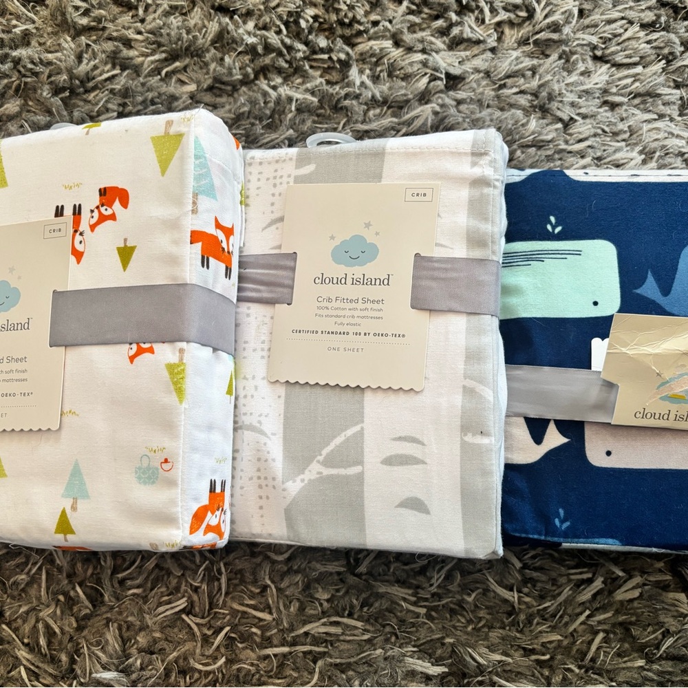 Cloud Island Crib Fitted Sheet Set - White, Gray, Blue 3 sets